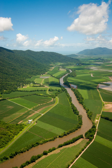 Aerial view of a sediment laden river following high rainfall in the Wet Tropics, meandering through an agricutural landscape, dominated by sugarcane fields.