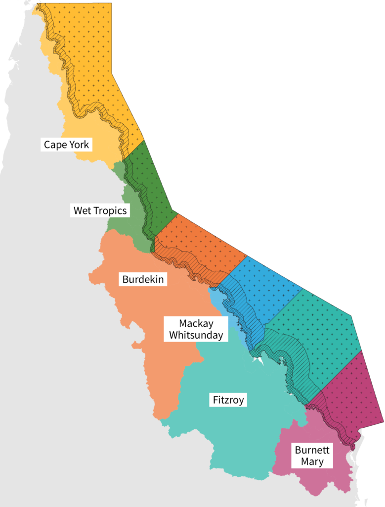 Map of the NRM regions in the Great Barrier Reef catchment area and the Inshore, Midshelf and Offshore zones