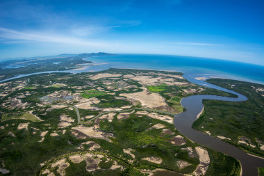 Aerial view of coastal floodplain adjacent to Bowling Green Bay in the large scale floods in 2019.