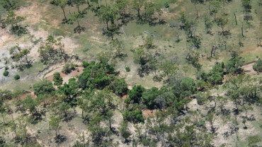 Aerial view of an area used for grazing and showing patchy poor vegetation cover, bare ground and an eroded streambank in the Burdekin basin.