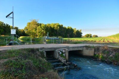 Instruments measuring stream flow within sugarcane fields locaged on a bridge in the Burdekin region.