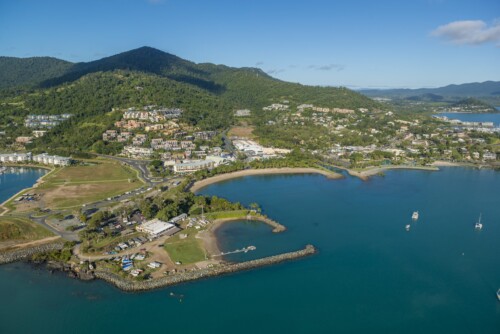 View of Airllie Beach showing residential areas and marinas.